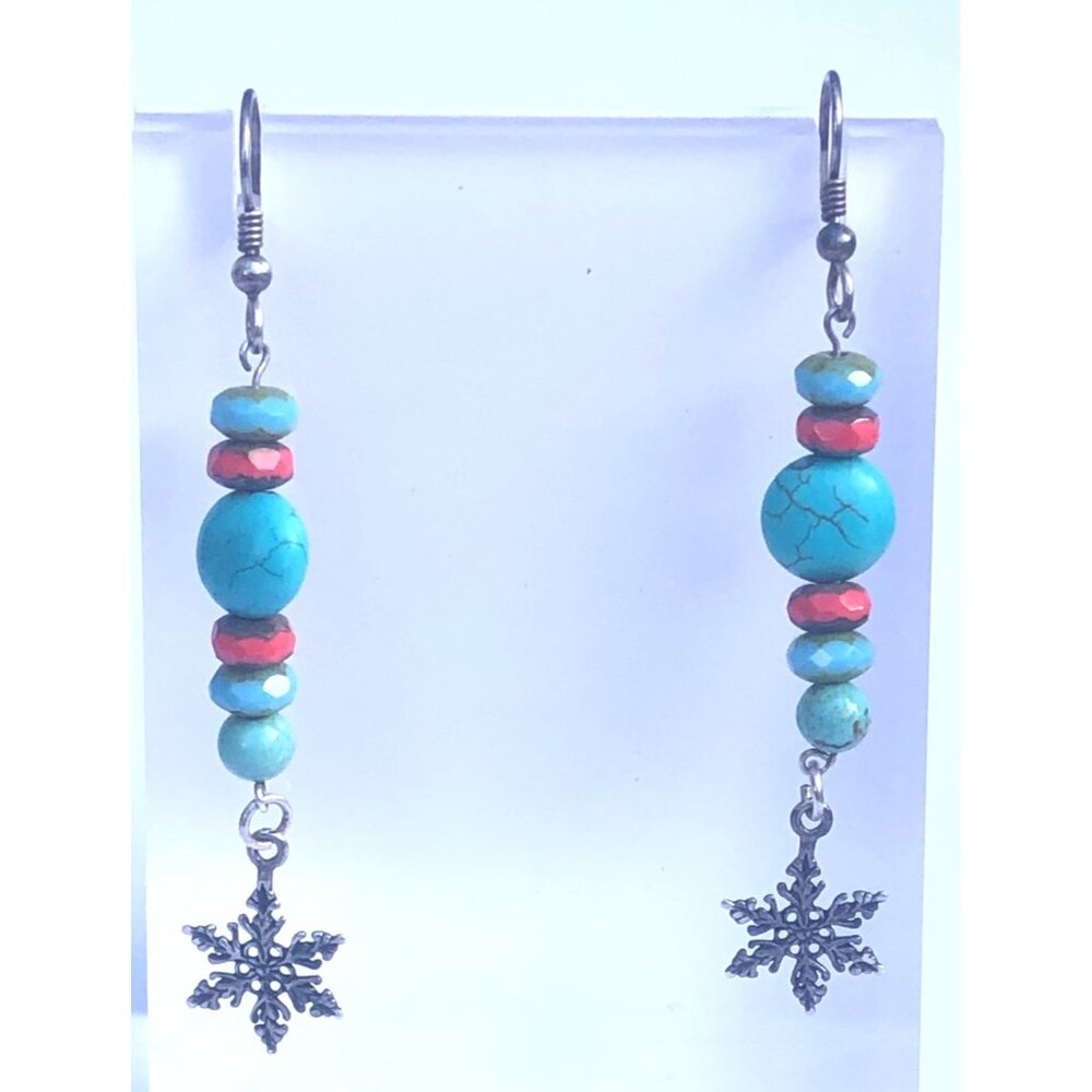 Faux Turquoise (Magnesite) Dangle Earrings w Silver Tone Snowflakes and Findings